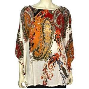 Chico's Sz XS/S Poncho Short Sleeve Boho Paisley Scarf Print Lightweight Rayon